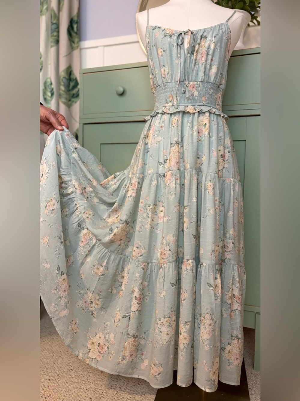 By the River Floral Smocked Tiered Midi Sundress w Vintage Cream & Pink Floral - Picture 6 of 16